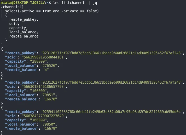 listchannels filtered to active public channels: remote_pubkey, scid, capacity, local_balance, and remote_balance for three channels