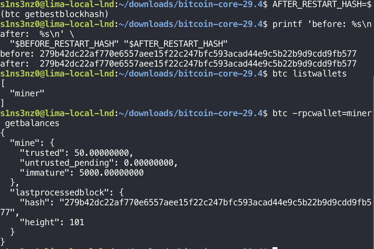 AFTER_RESTART_HASH=$(btc getbestblockhash); printf prints before and after, both 279b42dc22af770e6557aee15f22c247bfc593acad44e9c5b22b9d9cdd9fb577; btc listwallets returns miner; btc -rpcwallet=miner getbalances shows trusted 50.00000000, immature 5000.00000000, lastprocessedblock height 101