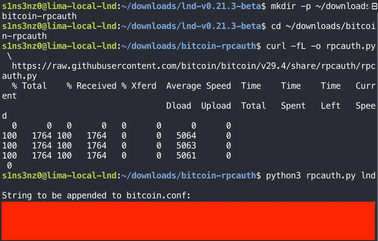 Inside the VM: mkdir -p ~/downloads/bitcoin-rpcauth; curl -fL -o rpcauth.py from raw.githubusercontent.com/bitcoin/bitcoin/v29.4/share/rpcauth/rpcauth.py (1764 bytes); python3 rpcauth.py lnd prints "String to be appended to bitcoin.conf:" followed by output covered by a red box