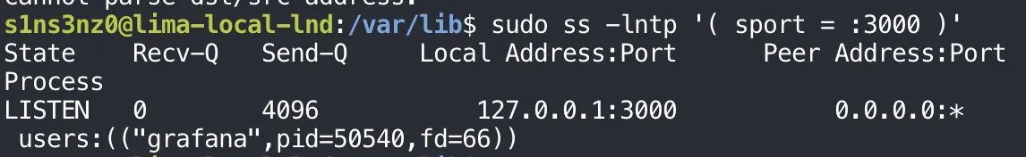 sudo ss -lntp '( sport = :3000 )' shows one LISTEN socket on 127.0.0.1:3000, peer 0.0.0.0:*, owned by users:(("grafana",pid=50540,fd=66))