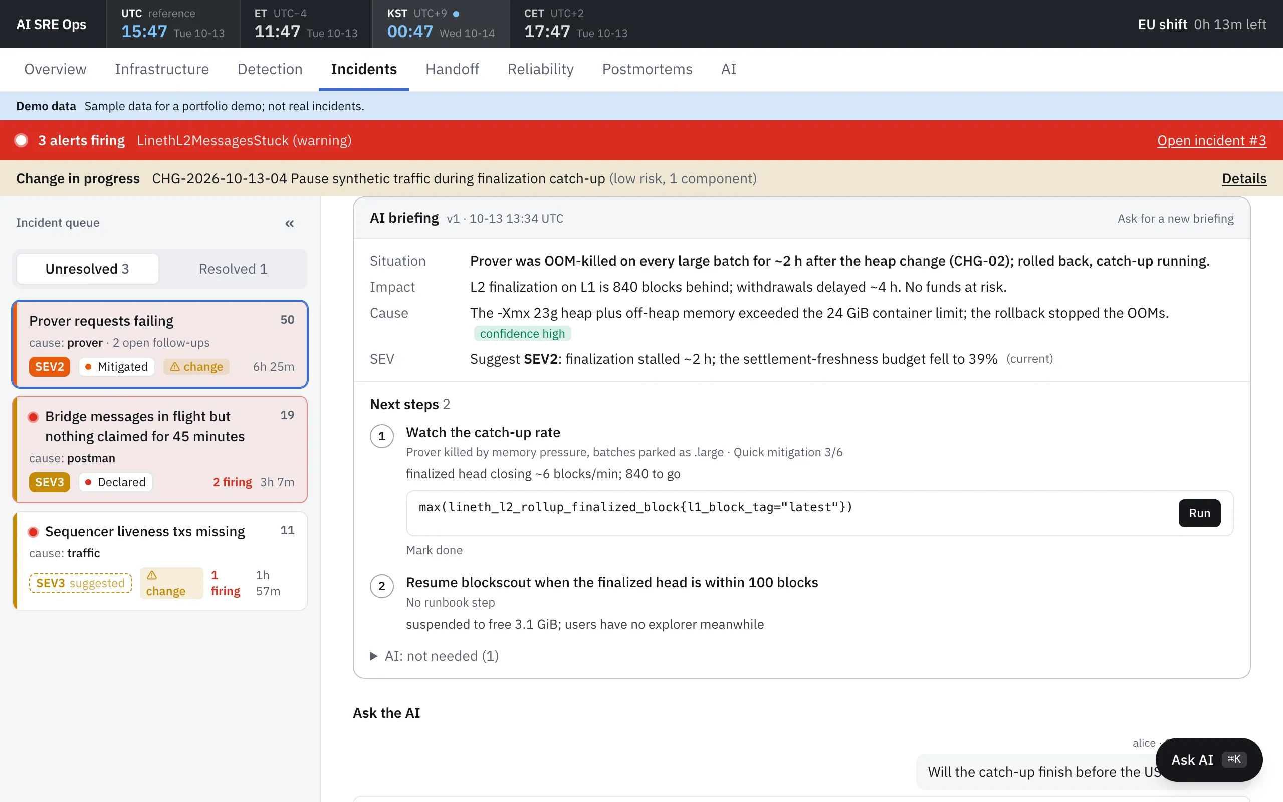 Incident response: an AI briefing with situation, impact, cause and next steps tied to runbook steps.