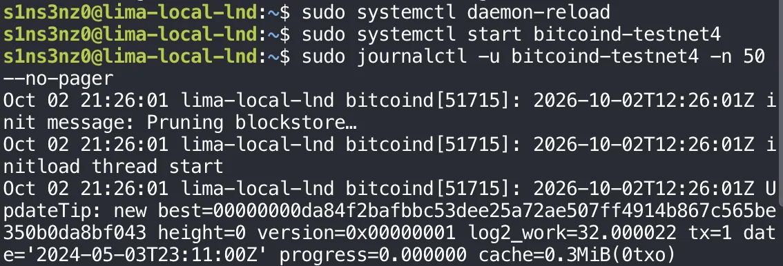 sudo systemctl daemon-reload; sudo systemctl start bitcoind-testnet4; sudo journalctl -u bitcoind-testnet4 -n 50 --no-pager shows bitcoind[51715] lines at 2026-10-02T12:26:01Z: init message: Pruning blockstore…, initload thread start, and UpdateTip: new best=00000000da84f2bafbbc53dee25a72ae507ff4914b867c565be350b0da8bf043 height=0 version=0x00000001 log2_work=32.000022 tx=1 date='2024-05-03T23:11:00Z' progress=0.000000 cache=0.3MiB(0txo)