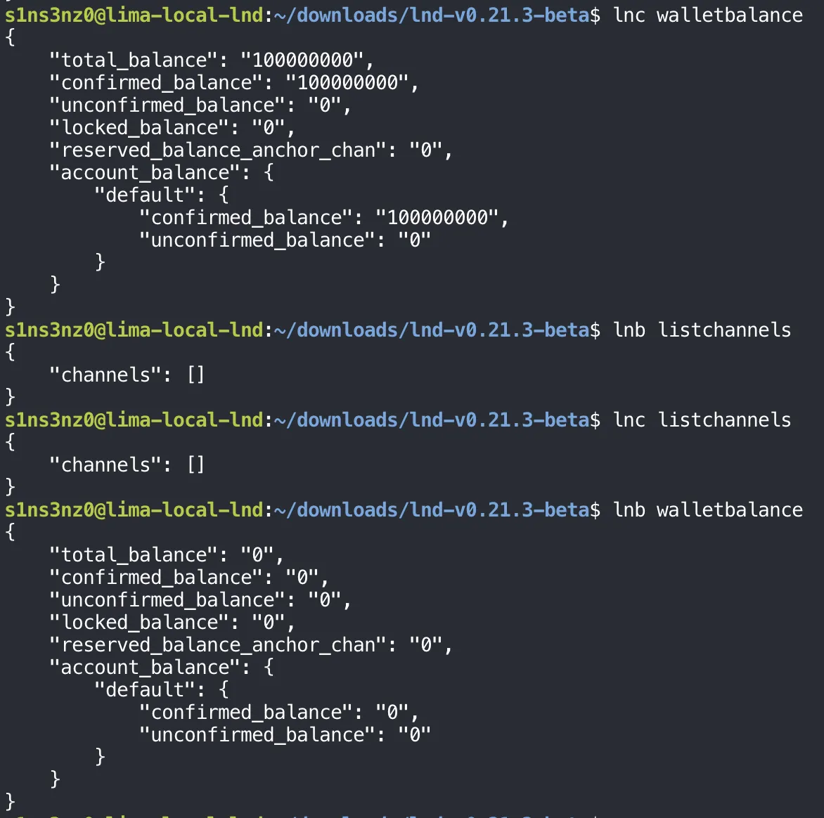 lnc walletbalance shows confirmed_balance 100000000; lnb listchannels and lnc listchannels both return an empty channels list; lnb walletbalance shows total_balance 0