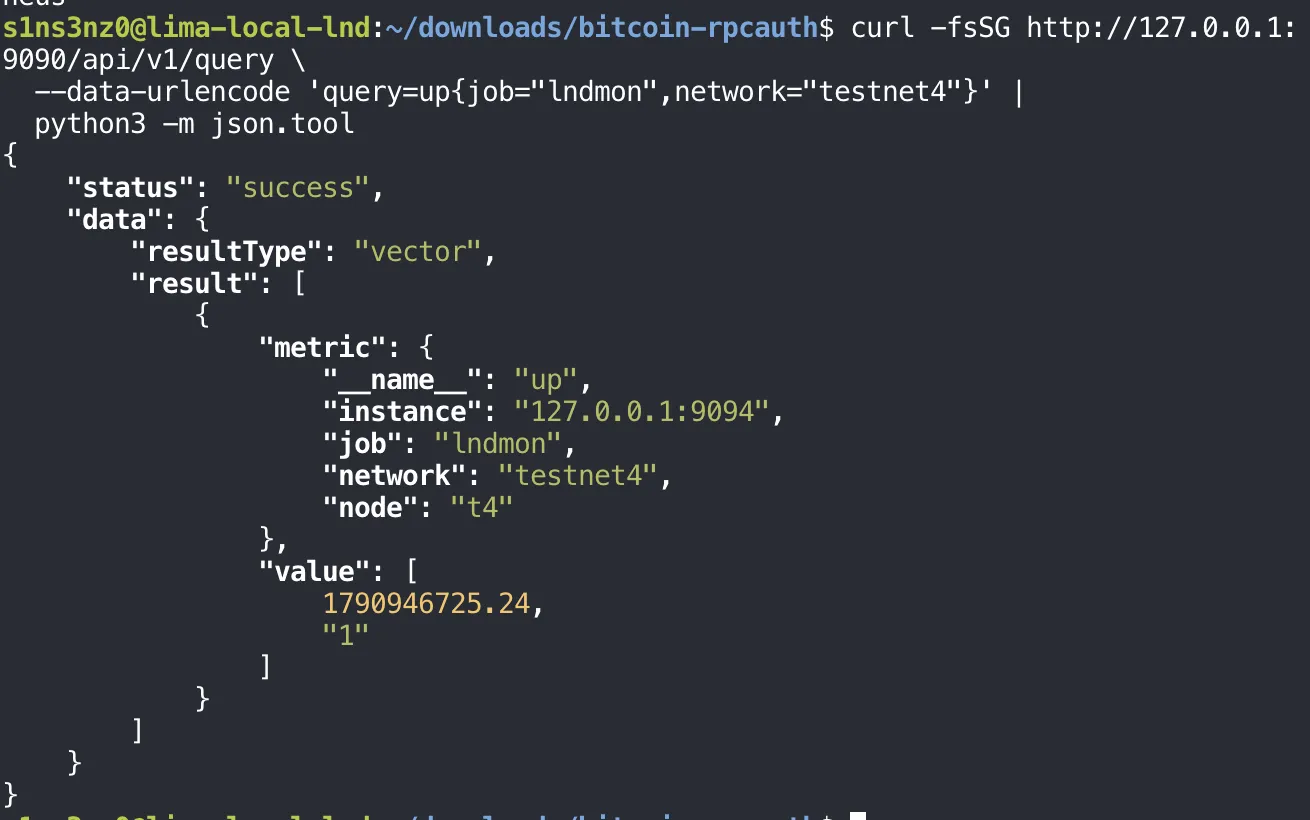 curl -fsSG http://127.0.0.1:9090/api/v1/query --data-urlencode 'query=up{job="lndmon",network="testnet4"}' piped into python3 -m json.tool returns status success, resultType vector, one result: up with instance 127.0.0.1:9094, job lndmon, network testnet4, node t4, value [1790946725.24, "1"]