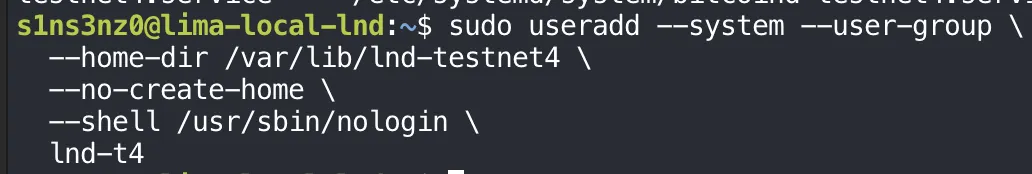 sudo useradd --system --user-group --home-dir /var/lib/lnd-testnet4 --no-create-home --shell /usr/sbin/nologin lnd-t4, with no output