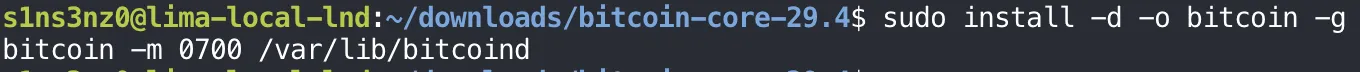 Inside the VM: sudo install -d -o bitcoin -g bitcoin -m 0700 /var/lib/bitcoind, with no output