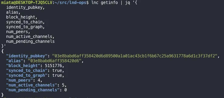 lnc getinfo in the WSL terminal (miata@DESKTOP-TJQ5CLV): identity_pubkey 03e8babd6aff…, block_height 5151776, synced_to_chain and synced_to_graph true, num_peers 4, num_active_channels 5, num_pending_channels 0